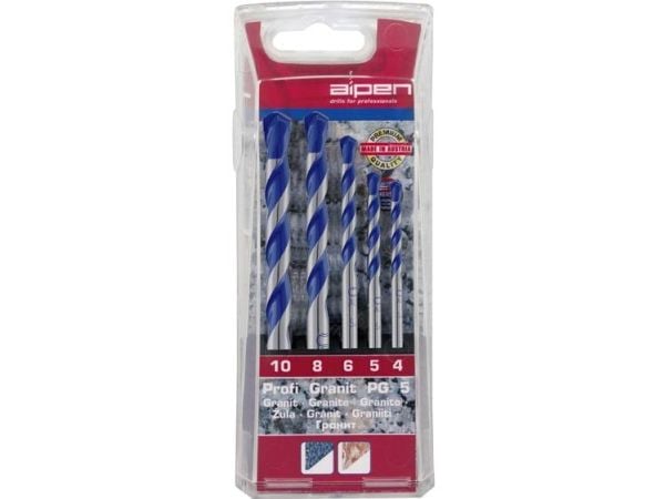 Alpen 25700005100 granittbor-sett 5 deler 4 mm, 5 mm, 6 mm, 8 mm, 10 mm sylinderskaft, 1 sett