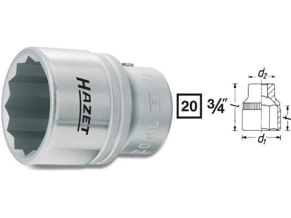 HAZET 1000Z-34, Stikkontakt, 3/4", Metrisk/imperisk, 1 hoder, 20 mm, 3/4"