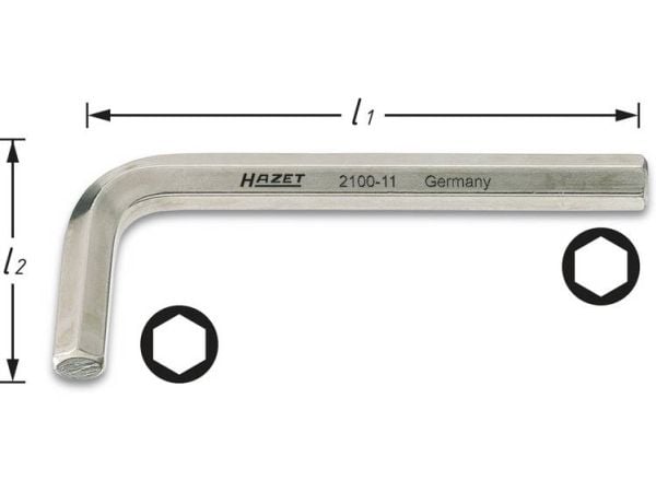 HAZET 2100-025, L-muotoinen kuusiokoloavain, Metrinen, 1 kpl, Nikkeli, 2.5 mm, 5,85 cm
