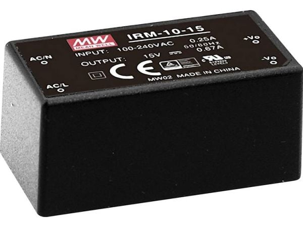 MEAN WELL IRM-10-5, 10 W, 85 - 264 V, Musta, RoHS, ITE EN/UL/IEC 60950, 25,4 mm