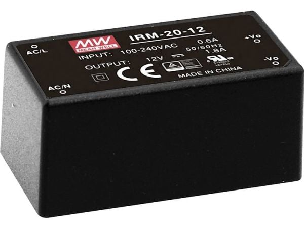MEAN WELL IRM-20-5, 20 W, 85 - 264 V, Svart, RoHS, ITE EN/UL/IEC 60950, 27,2 mm