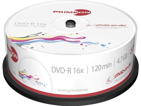 Primeon 2761205, DVD-R, Utskriftsbar, Kakeboks, 25 stykker, 4,7 GB