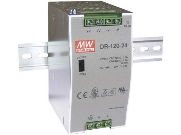 MEAN WELL DR-120-12, 120 W, 170 - 264 V, 47 - 63 Hz, 36 ms, 80%, Over-spenning (volt), Overoppheting, Overbelastning, Kortslutning