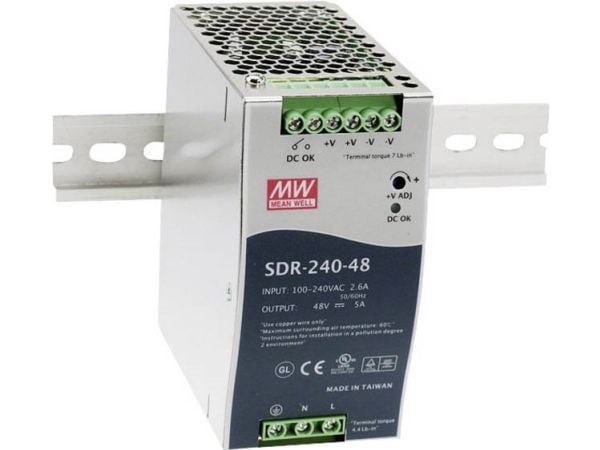 Mean Well SDR-240-sarja SDR-240-24 - Virtalähde (DIN-kiskoon asennettava) - AC 115/230 V - 240 wattia - aktiivinen PFC-järjestelmä