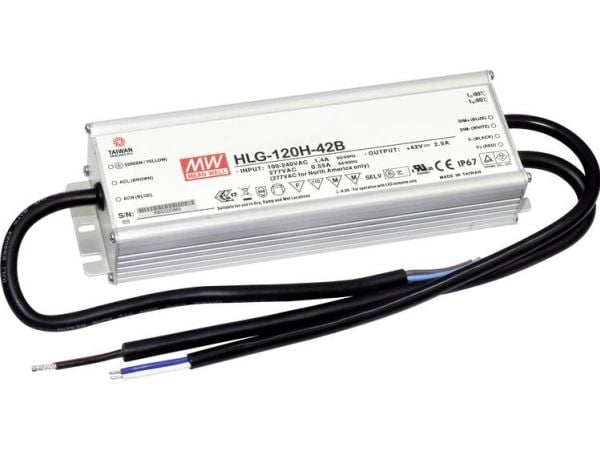 MEAN WELL HLG-120H-12B, 120 W, IP65, 62000 timer, 90-305 V, 47 ~ 63 Hz, 1.4 / 115VC, 0.6 / 230VC, 0.55 / 277VC