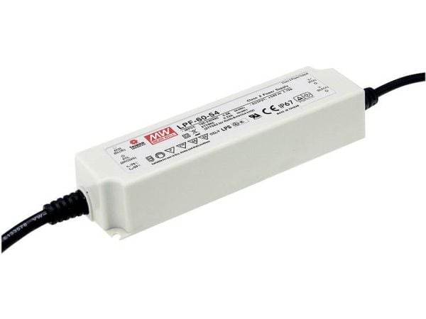 MEAN WELL LPF-60-12, 60 W, IP67, 50000 timer, -40 - 80 °C, 90 - 305 V, 47 - 63 Hz
