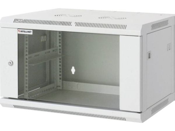 Intellinet Network Cabinet, Wall Mount (Standard), 6U, Usable Depth 350mm/Width 540mm, Grey, Assembled, Max 60kg, Metal & Glass Door, Back Panel, R...