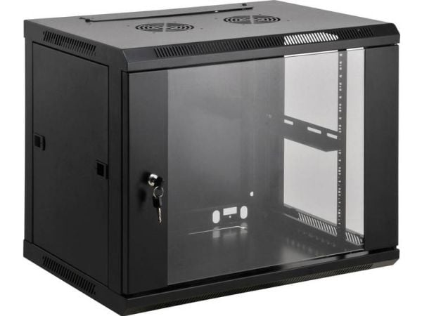 Intellinet Network Cabinet, Wall Mount (Standard), 12U, Usable Depth 350mm/Width 540mm, Black, Assembled, Max 60kg, Metal & Glass Door, Back Panel,...