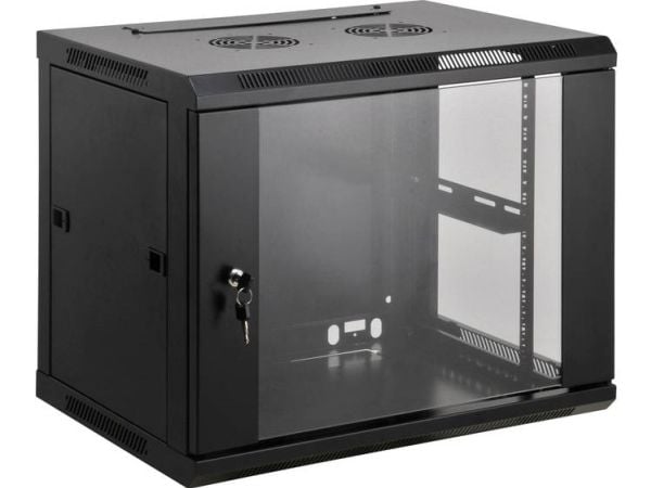 Intellinet Network Cabinet, Wall Mount (Standard), 12U, Usable Depth 500mm/Width 540mm, Black, Assembled, Max 60kg, Metal & Glass Door, Back Panel,...