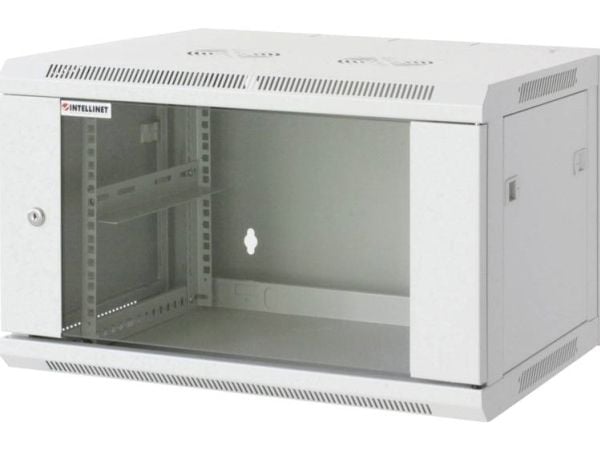 Intellinet Network Cabinet, Wall Mount (Standard), 20U, Usable Depth 350mm/Width 540mm, Grey, Assembled, Max 60kg, Metal & Glass Door, Back Panel, ...