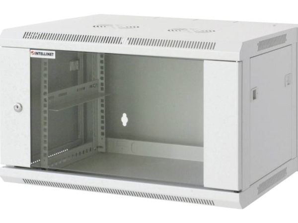 Intellinet Network Cabinet, Wall Mount (Standard), 20U, Usable Depth 500mm/Width 540mm, Grey, Assembled, Max 60kg, Metal & Glass Door, Back Panel, ...