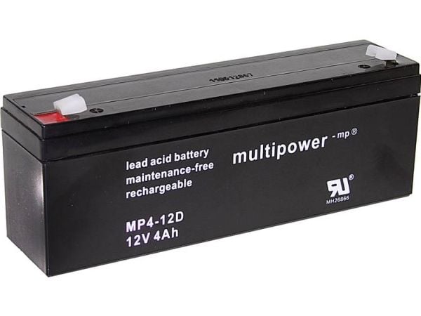 multipower MP4-12D A97402 blybatteri 12 V 4 Ah blyfleece (B x H x T) 195 x 76 x 47 mm flatstift 4,8 mm vedlikeholdsfritt, lav selvutlading