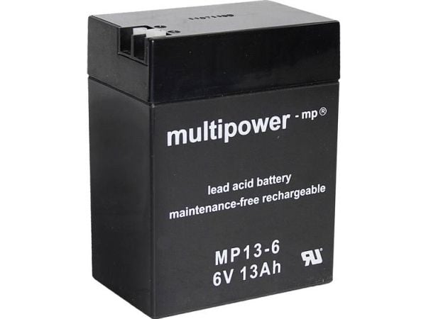multipower MP13-6 A96801 Lyijyakku 6 V 13 Ah Lyijyakku (B x K x S) 108 x 140 x 70 mm Litteä liitin 4,8 mm, Litteä liitin 6,35 mm Huoltovapaa, vähäi...