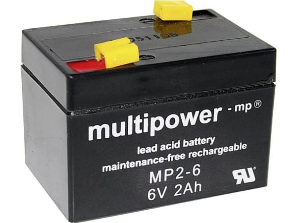 multipower MP2-6 blybatteri 6 V 2 Ah blyfleece (B x H x D) 75 x 53 x 51 mm flatstift 4,8 mm vedlikeholdsfritt, lav selvutlading