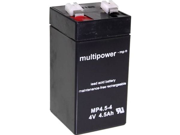 multipower MP4.5-4 A960445 Lyijyakku 4 V 4,5 Ah Lyijyakku (B x K x S) 48 x 100 x 52 mm Litteä liitin 6,35 mm Huoltovapaa, vähäinen itsepurkautuminen
