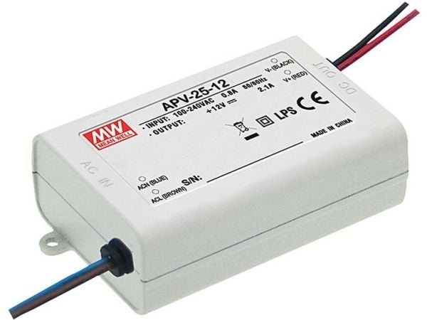 MEAN WELL APV-25-12, Hvit, 90 - 264 V, 47 - 63 Hz, 84 mm, 29,5 mm, 57 mm