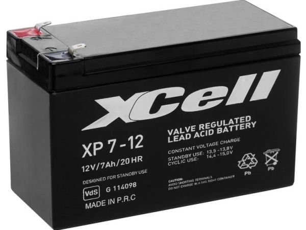 XCell XP712 blybatteri 12 V 7 Ah blyfleece 151 x 94 x 65 mm flatstift 4,8 mm vedlikeholdsfritt VDS