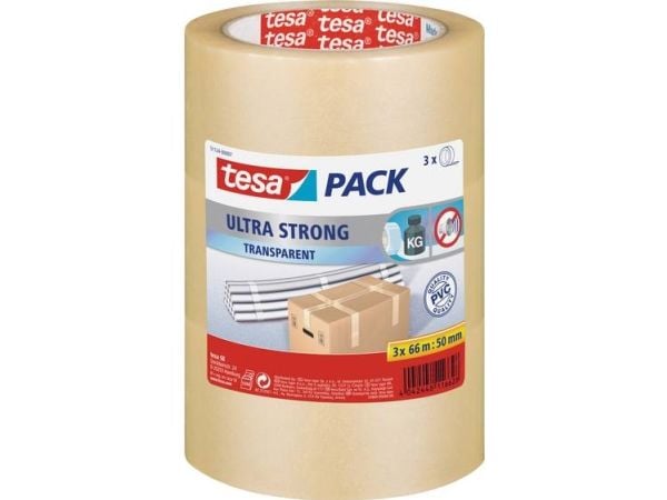 TESA packtejp Tesapack® Ultra Strong transparent 66 m x 50 mm (innehåll: 3 rullar) (51124-07-01)