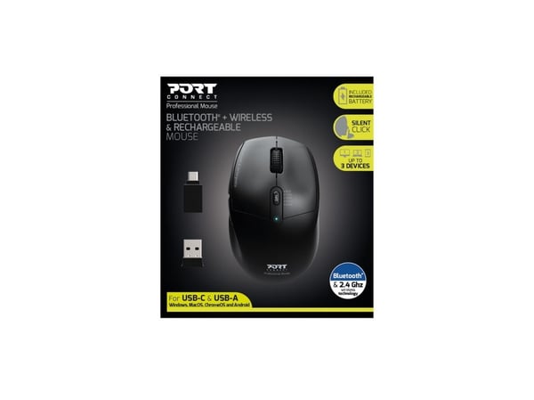 PORT Connect Professional - Mus - 5 knapper - kablet - 2.4 GHz, Bluetooth - USB / USB-C trådløse mottakere