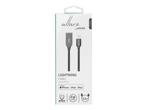 eSTUFF - Lynkabel - Lightning hann til USB hann - 50 cm - grå, stål