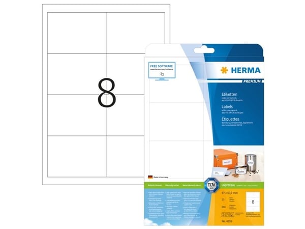 HERMA Premium - Papir - matt - permanent selv-adhesiv - hvit - 97 x 67.7 mm 200 etikett(er) (25 ark x 8) laminerte etiketter