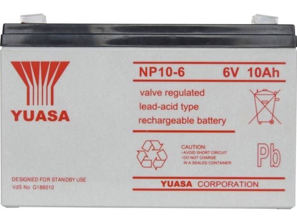 Yuasa NP10-6 blybatteri 6 V 10 Ah blyfleece 151 x 97,5 x 50 mm flatkontakt 4,8 mm vedlikeholdsfritt VDS