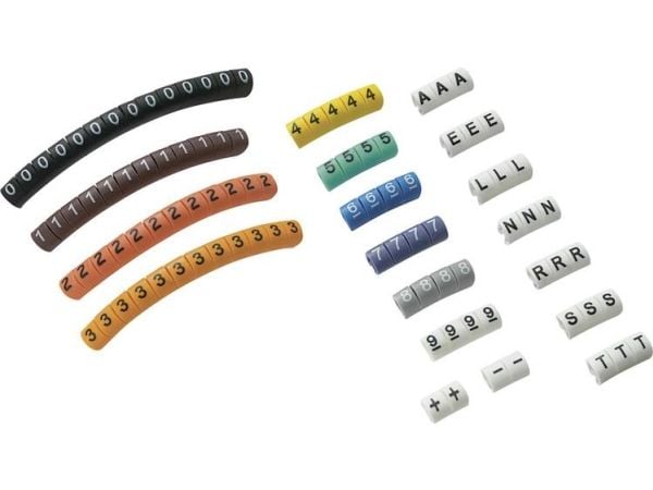 TRU COMPONENTS märkningsklämma påtryckt 0 - 9, A, E, L, N, R, S, T, -, + utvändigt diametervärde 2 till 5 mm 545010