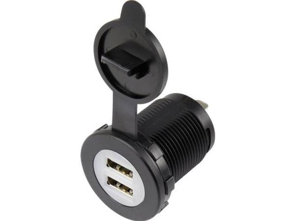 USB-uttag dubbelt inbyggt med dammskyddslock Anslutning, infällt vertikalt Dubbel, rund front Ø 36,8 mm, med blå belysning 1229307 TRU KOMPONENTER