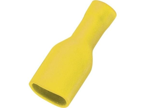 TRU COMPONENTS 1572130 Litteä liittimen kaapelinpää Liittimen leveys: 6,4 mm Liittimen paksuus: 0,8 mm 180° Täysin eristetty Keltainen 50 kpl