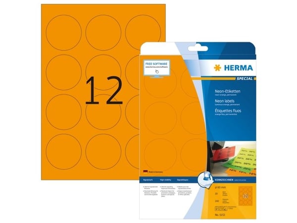 HERMA Special - Permanent selvklebende, matte, fluorescerende papiretiketter - Luminous Orange - 60 mm runde - 240 etiketter (20 ark x 12) (5153)