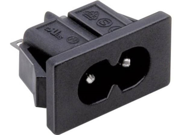 Conrad IEC-liitin Pystypistoke Tot navat 2 2,5 A Musta 1 kpl, IEC, Sort, Thermoplast, 250 V, 2,5 A, RoHS