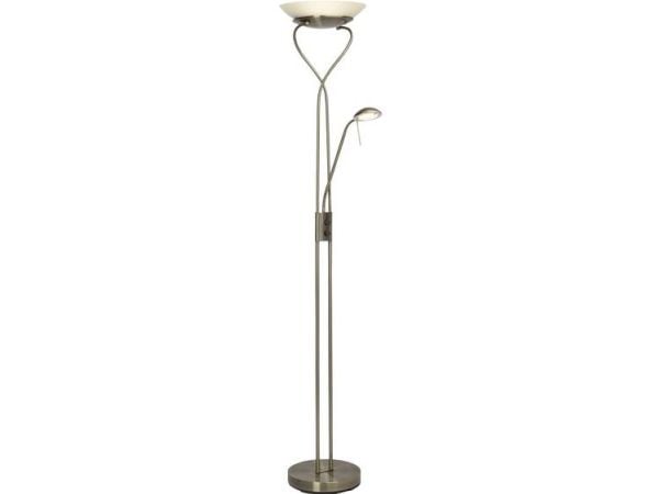 Brilliant Ollie - Torchiere floor lamp with reading light - LED x 2 - total: 22.5 W - klasse F - varmt hvitt lys - 3000 K - antikk messingfarge