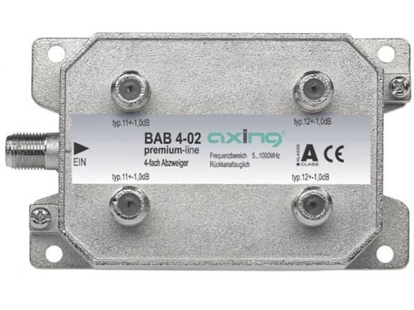 Axing BAB 4-02, Kaapelin jakaja, 5 - 1006 MHz, Harmaa, Uros, A, 4 kpl