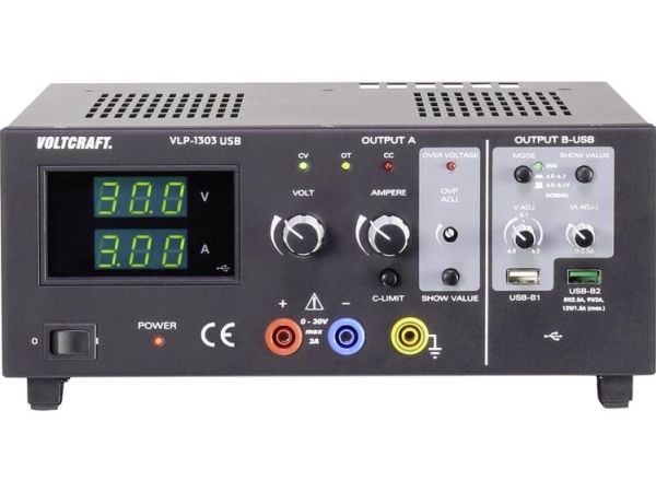 VOLTCRAFT VLP-1303 laboratorienettstrømforsyning justerbar 0-30 V 0,01-3 A 123 W OVP antall utganger 3 x (VC-8146845)