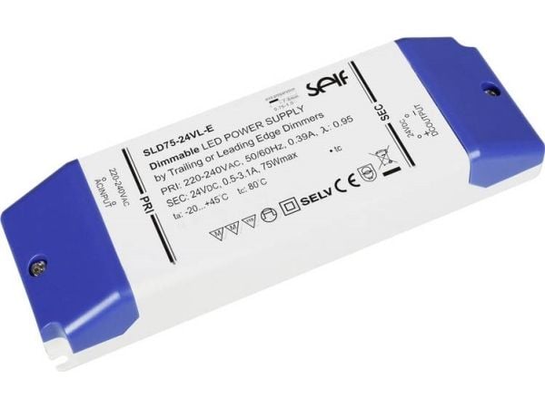 SELF Electronics SLD75-24VL-E, 75 W, IP20, 30000 timer, -30 - 80 °C, 220 - 240 V, 50/60 Hz