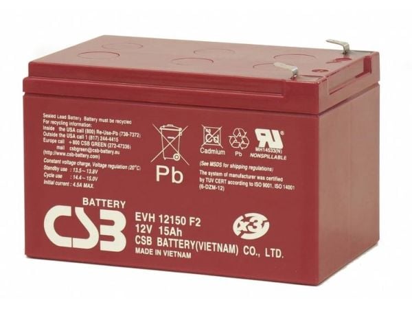 CSB-akku EVH 12150 Lyijyakku 12 V 15 Ah Lyijyakku (B x K x S) 151 x 102 x 98 mm Litteä pistoke 6,35 mm Sykliltään vakaa, Huoltovapaa, Vähäinen itse...
