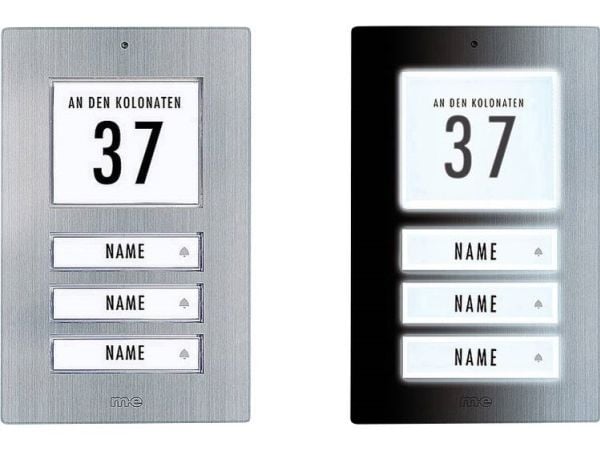 m-e modern-electronics 41067 ringetavle med adressfelt, med navneskilt 3-familiehus i rustfritt stål 12 V/1 A (41067)