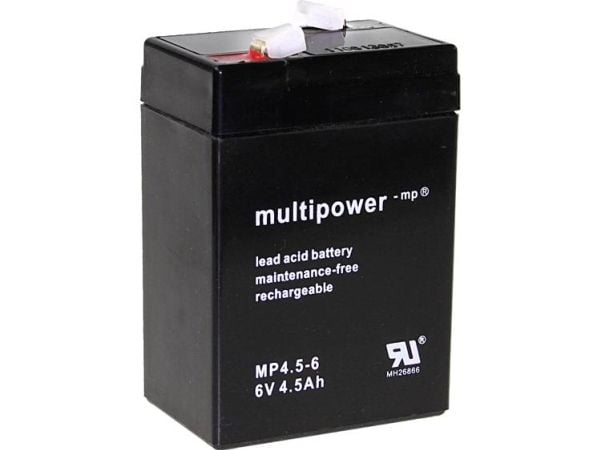 multipower PB-6-4,5-4,8 blybatteri 6 V 4,5 Ah, vedlikeholdsfritt, lav selvutlading, flatkontakt 4,8 mm, 70 x 105 x 47 mm