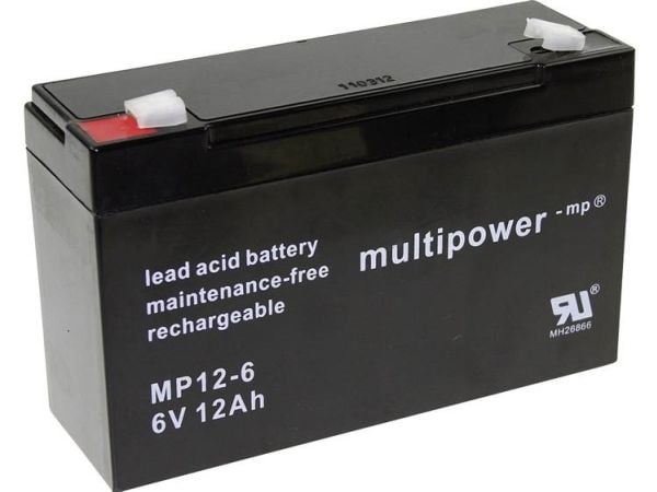 multipower PB-6-12-6-6,35 MP12-6 Lyijyakku 6 V 12 Ah Lyijyakku (B x K x S) 151 x 99 x 50 mm Litteä liitin 6,35 mm Huoltovapaa, vähäinen itsepurkaut...