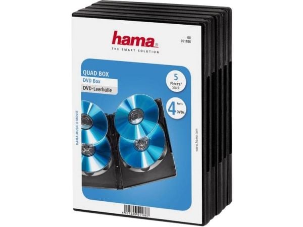 Hama DVD Quad Box, Black, Package of 5 pieces, 4 levyt, Musta, 192 mm, 135 mm, 73 mm, 351 g