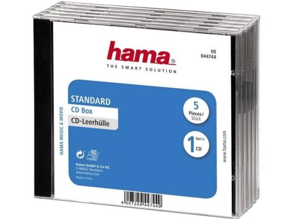Hama CD Jewel Case Standard, Pack 5, C-shell-kotelo, 1 levyt, Musta, Läpinäkyvä, Polystyreeni, 140 mm, 10,4 mm