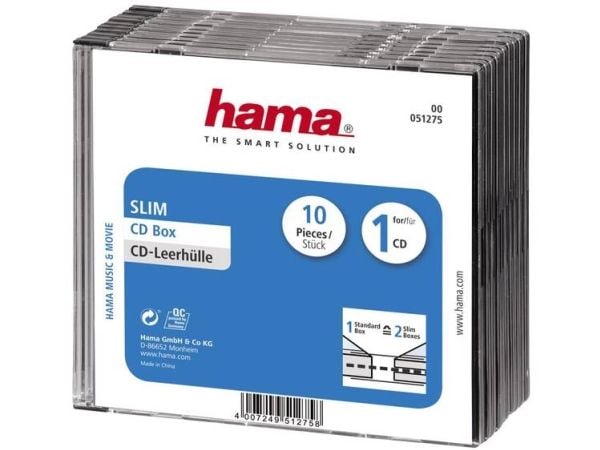 Hama CD Slim Jewel Case, pack 10, 1 levyt, Läpinäkyvä, 142 mm, 125 mm, 50 mm, 350 g