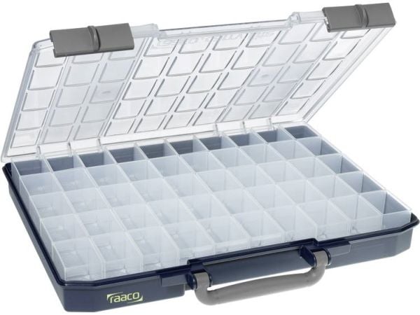 raaco CarryLite 55, Verktøy boks, Polykarbonat (PC), Polypropylen, Blå, Gjennomsiktig, 10 kg, Hengsel, 413 mm