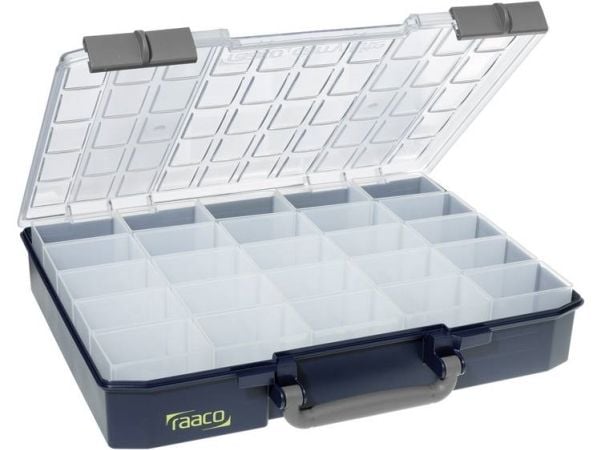 raaco CarryLite 80, Verktøy boks, Polykarbonat (PC), Polypropylen, Blå, Gjennomsiktig, 13 kg, Hengsel, 413 mm