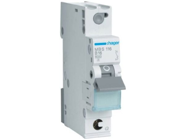 Hager MBS116, 16 A, 50 - 60 Hz, B-tyyppi, 1 moduuli(t), -25 - 60 °C, -25 - 80 °C, -25 - 80 °C