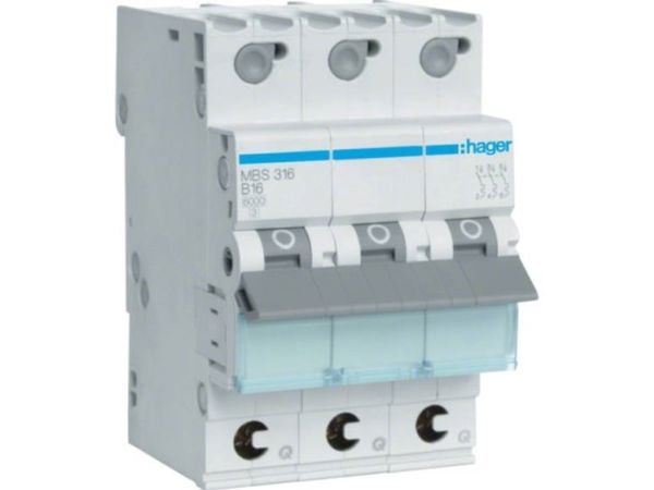 Hager MBS316, 16 A, B-tyyppi, 3 moduulia, -25 - 60 °C, -25 - 80 °C, 52,5 mm