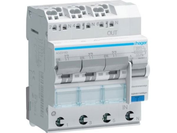 Hager ADZ316D, Reststrøm enhed, tyyppi A, 6000 A, 230 V