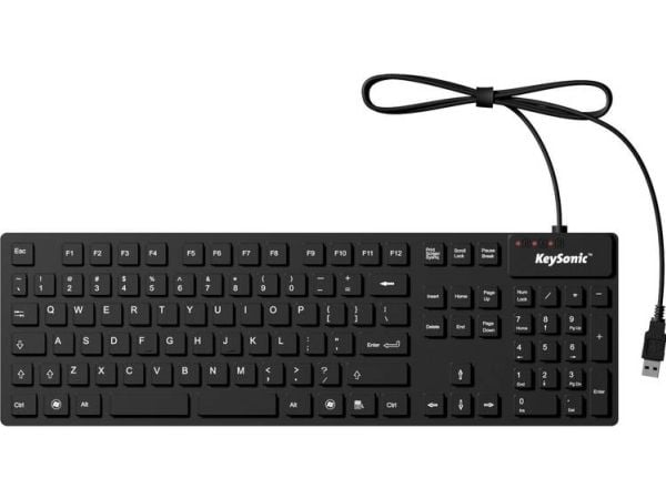 KeySonic KSK-8030 IN (US), Full størrelse (100 og), Koblet med ledninger (ikke trådløs), USB, QWERTY, Sort
