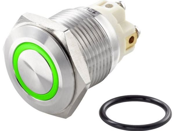 Conrad TC-GQ16F-10E/L/G/12V/S Interruttore antivandalo 48 V/DC 2 A 1x Off/(On) IP65 Momentaneo 1 pz., Rustfritt stål, DC, 48 V, 2 A