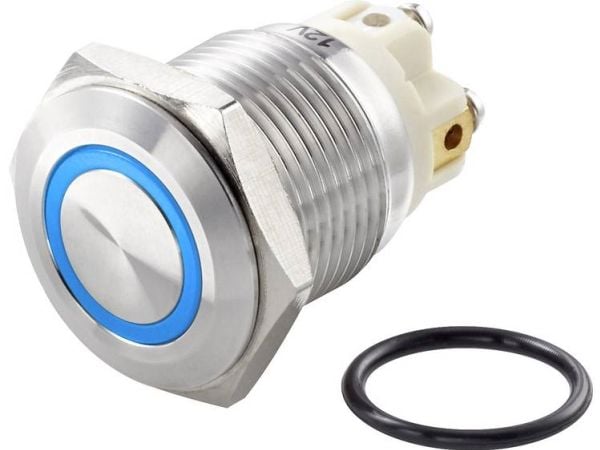 TRU COMPONENTS TC-7494696 TC-GQ16F-10E/L/B/12V/S Ilkivallankestävä painonappikytkin 48 V/DC 2 A 1 x Pois päältä/(Päälle) Hetkellinen Sininen IP65 1...